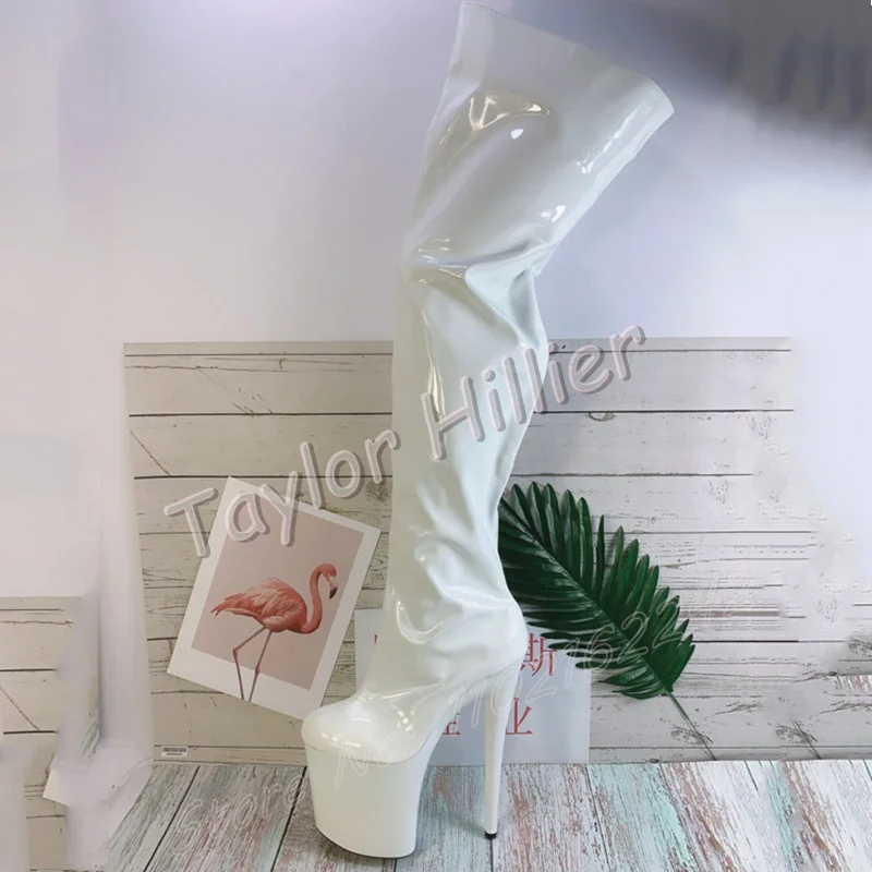 

Осенние белые женские сапоги выше колена из лакированной кожи, ботинки на платформе с круглым носком на шпильке и боковой молнией, вечерние ботинки для танцев на пилоне