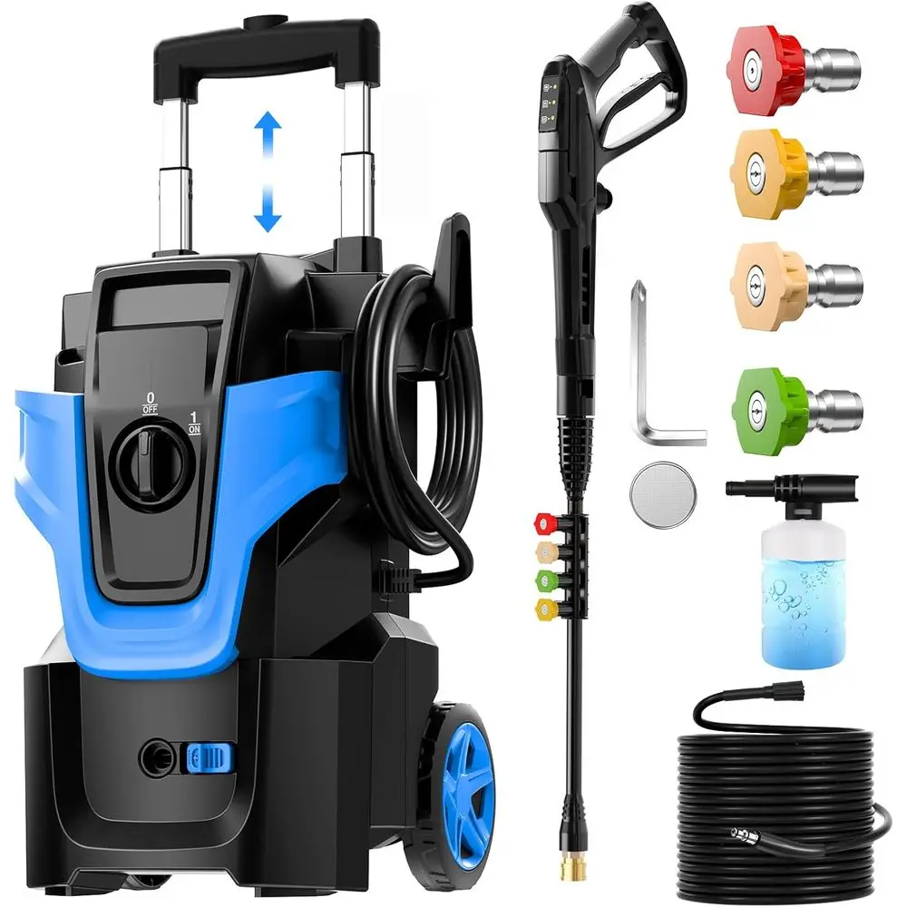 

Мощный очиститель высокого давления 5000PSI, 3-скоростной регулируемый очиститель с 2-ступенчатой телескопической штангой, 4 насадками, пенной насадкой и бутылкой для моющего средства 500 мл