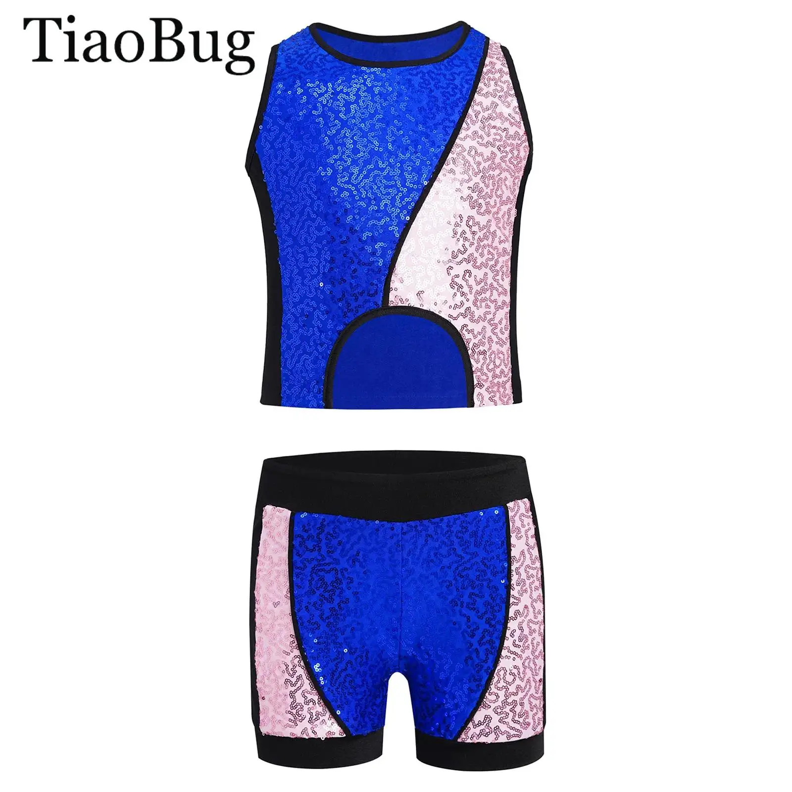 

Kids Girls Jazz Dance Outfit Cheerleading Costume Color Block Patchwork Sparkly Sequins Tank Top Vest with Shorts Set Streetwear