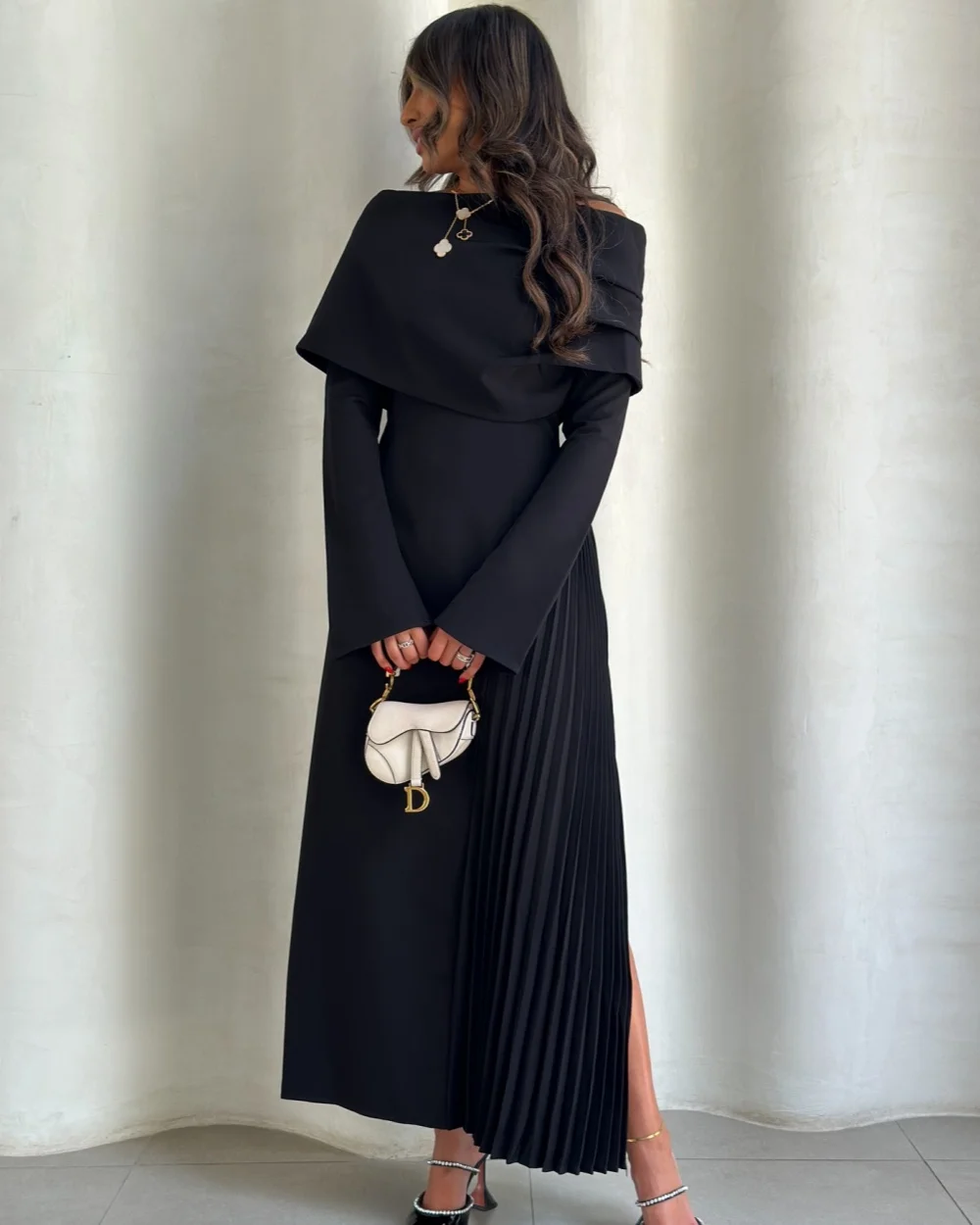 

Customized High Quality Women Jersey Ruched Pleat A-Line Evening Dress Simple Off-the-shoulder Long Sleeves Ankle Length Dresses