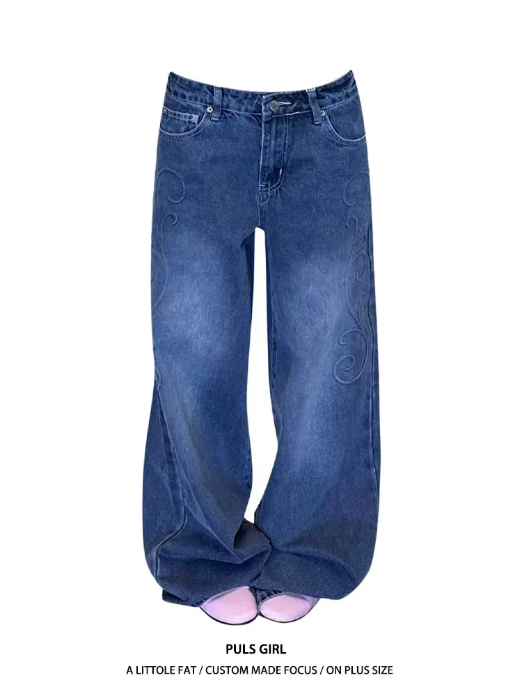 

Large Size American Retro Washed Floral Embossed Denim Pants Women's Loose Drapey Wide Leg Long Trousers Street Style High Waist