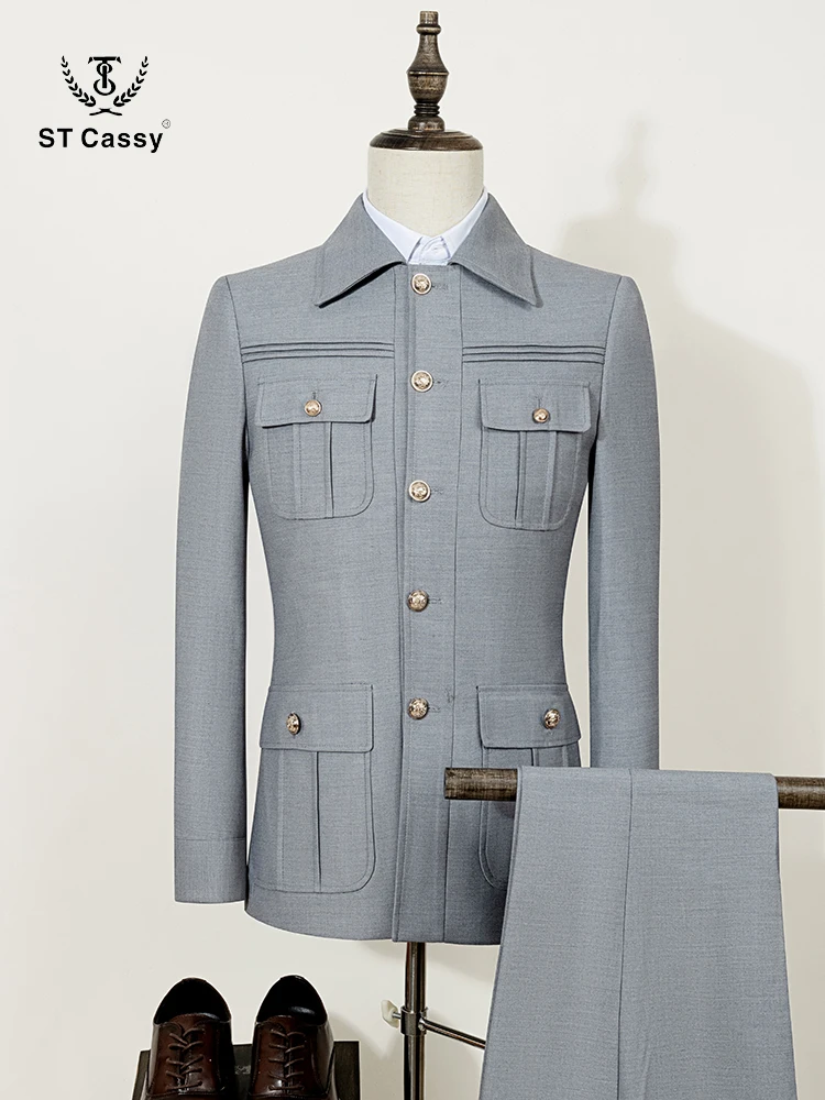 ST Cassy nuevo traje elegante para hombre gris claro ajuste clásico Multi hebilla Multi bolsillo Casual conjunto de negocios conjunto de 2 piezas para hombre