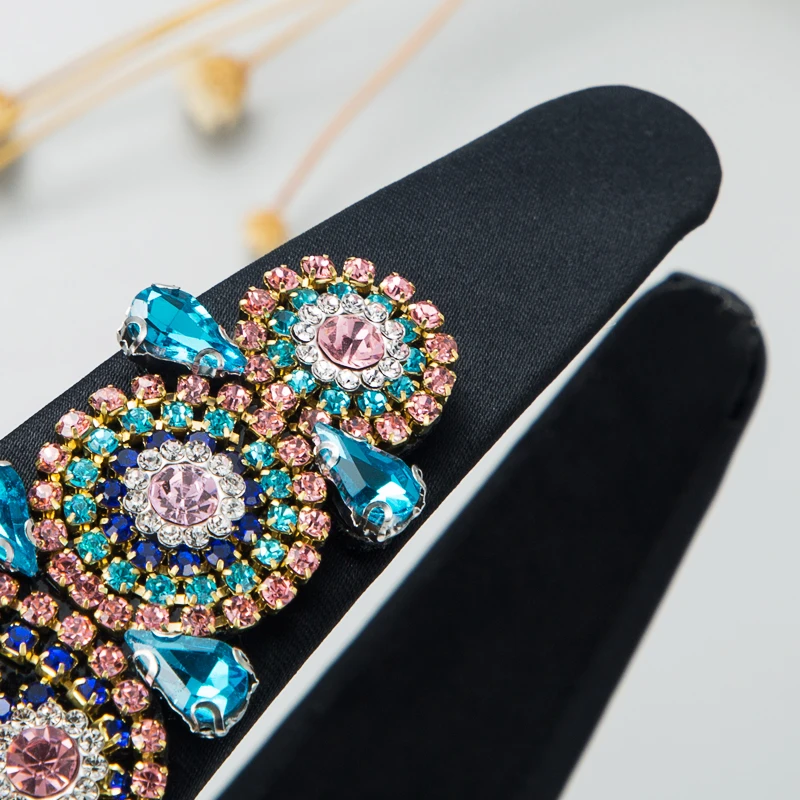 European and American Baroque New Retro Hair Hoops Rhinestone Flower Blossom Headband Women\'s Wide Edge Party Hair Accessories