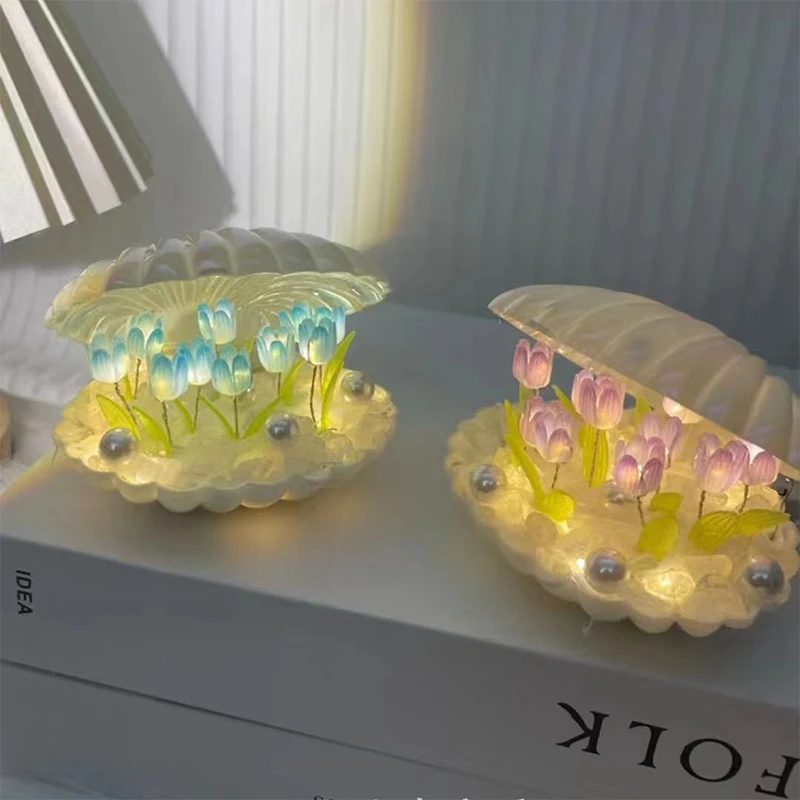 Shell TULIP Night โคมไฟทําด้วยมือ DIY Home Decor ห้องนอนบรรยากาศสาวของขวัญวันเกิดวันวาเลนไทน์