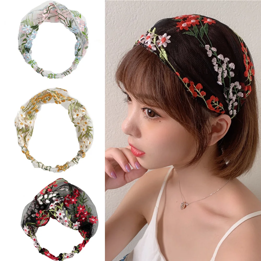 

Simple Retro Lace Embroidery Korean Floral Turban Headband Hair Accessories Headdress Hair Band