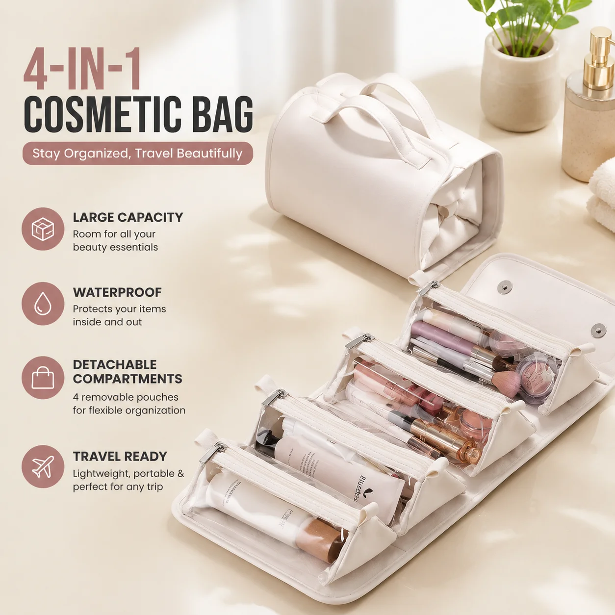 4-in-1 Large Capacity Cosmetic Bag Waterproof Travel Toiletry Organizer with Detachable Compartments Portable Makeup Train Case
