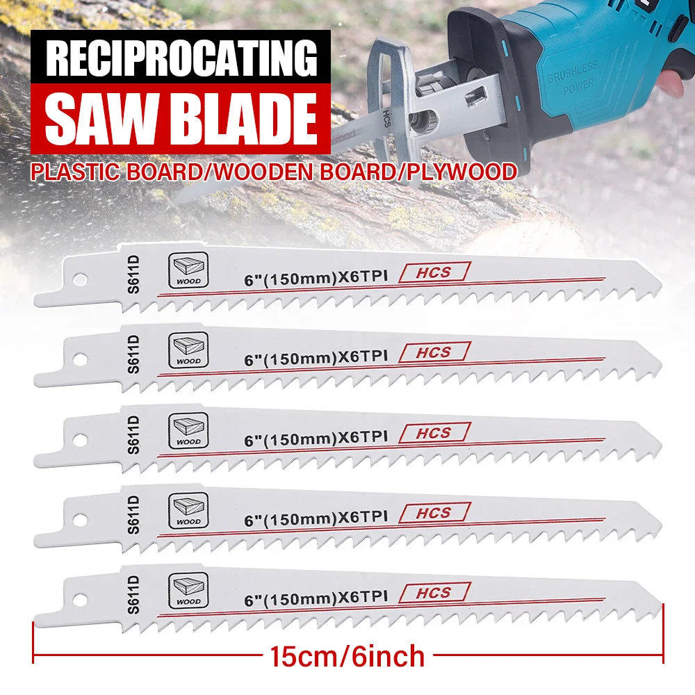 5 قطعة مجموعة شفرات المنشار الترددية للأسنان 6 بوصة 6TPI شفرات المنشار ذات الحافة المنحنية لتقليم الخشب وتقليم الأشجار