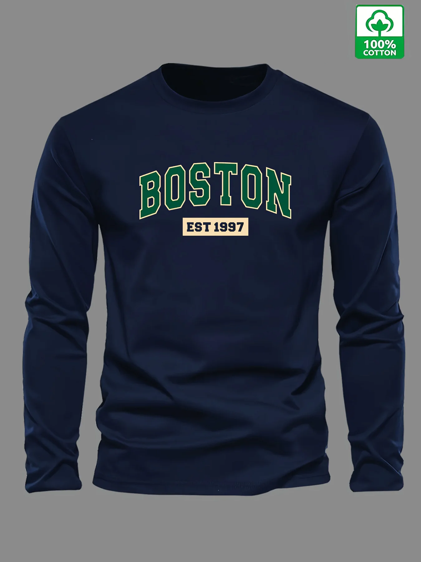 Men's Spring Autumn 100% Cotton Loose Long Sleeve T Shirt Boston EST 1997 Letter Print Crew Neck Casual Tee
