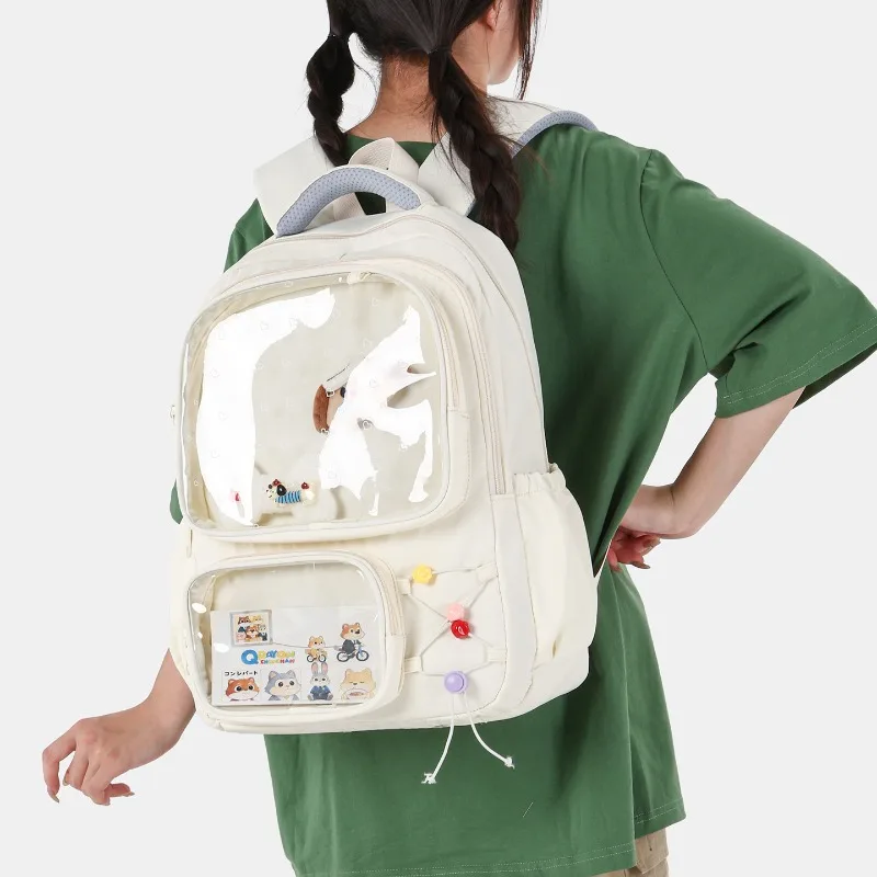 Cute Clear Window Backpack for Teen Girls Kawaii Large Capacity School Bag Lightweight  Multi Pocket Casual Daypack Students