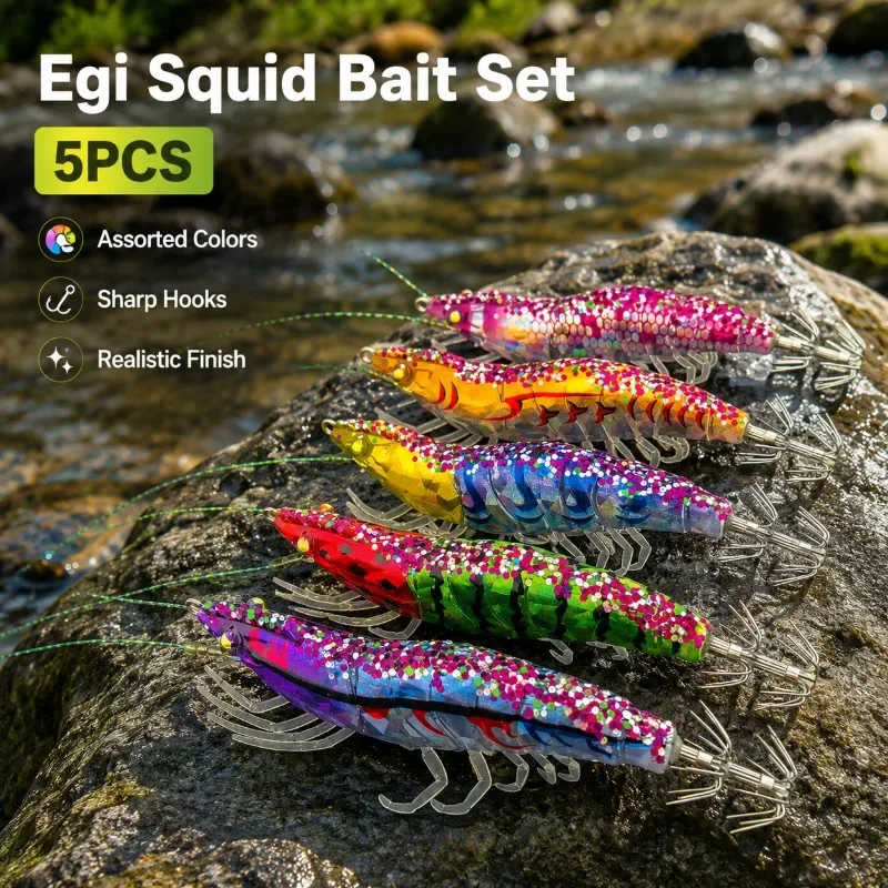5pcs Squid Jig Lure Set Egi Flying Squid Bait Real Wooden Shrimp Laser Rattle Horizontal Jig for Saltwater Night Fishing Tackle