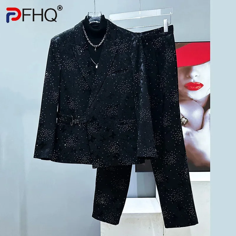 PFHQ Starry Suit Two-piece Set Design Stylish Jacquard Jacket 2024 Solid Color Long Sleeve Korea Fashion Male Sets 21Z8025