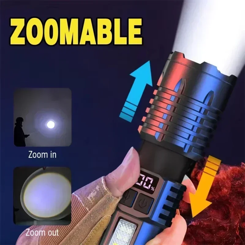 Rechargeable LED Hands-Free Flashlight, Portable Flashlight with Telescopic Zoom and Power Indicator Light, Five Lighting Modes