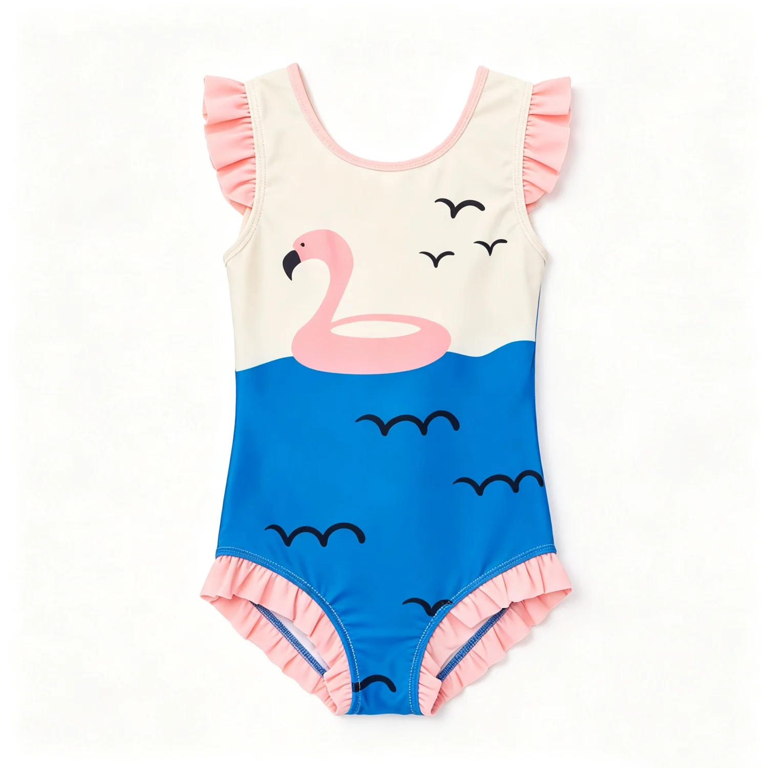 Stylish Girls Onesie Flying Sleeve Summer Swimsuit Qucik-drying Cute Swan Print Children Holiday Beachwear Pool Bathing Clothes