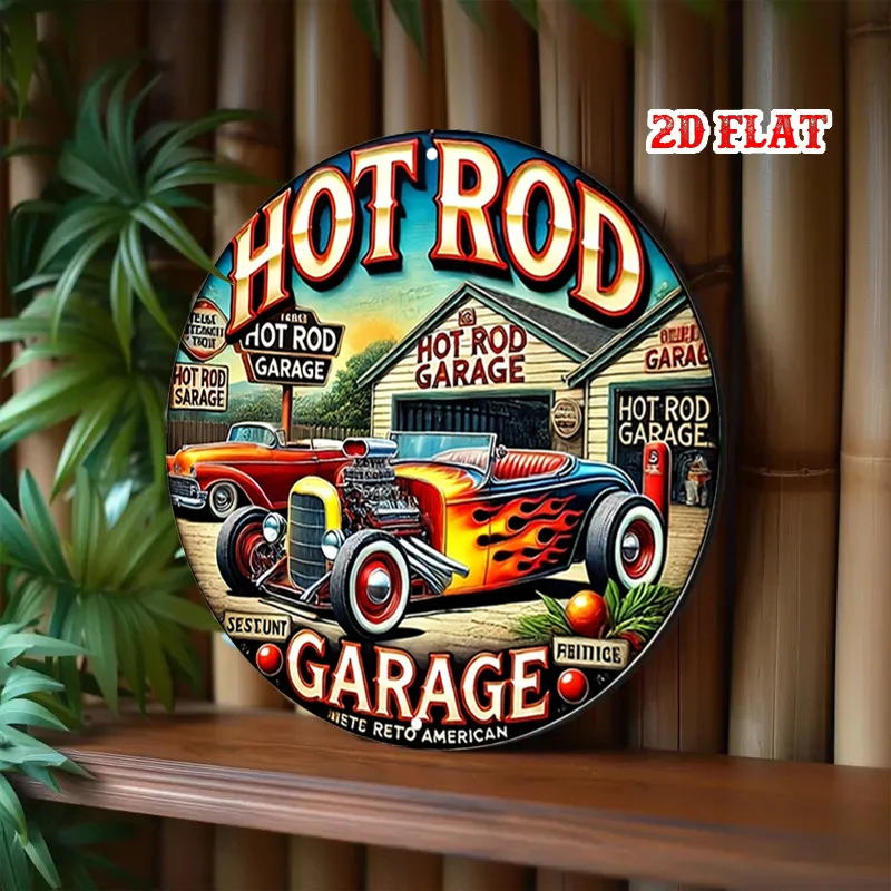 2D-Flugzeug, 1 Stück Retro Hot Pole Garage kreisförmiges Holzschild – Flammen-Retro-Wandkunst, Garagendekoration, Oldtimerkunst