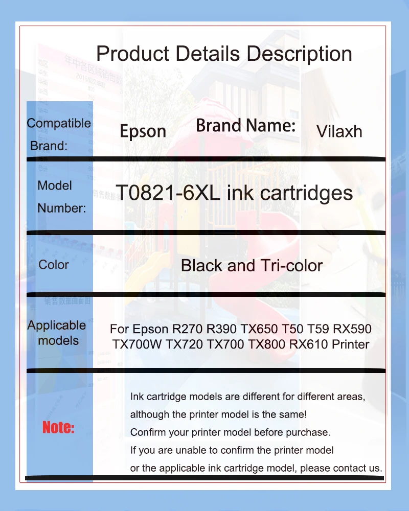 Vilaxh 6x Compatible T0821 - T0826 Ink Cartridge For Epson R270 R390 TX650 T50 T59 RX590 TX700W TX720 TX700 TX800 RX610 Printer