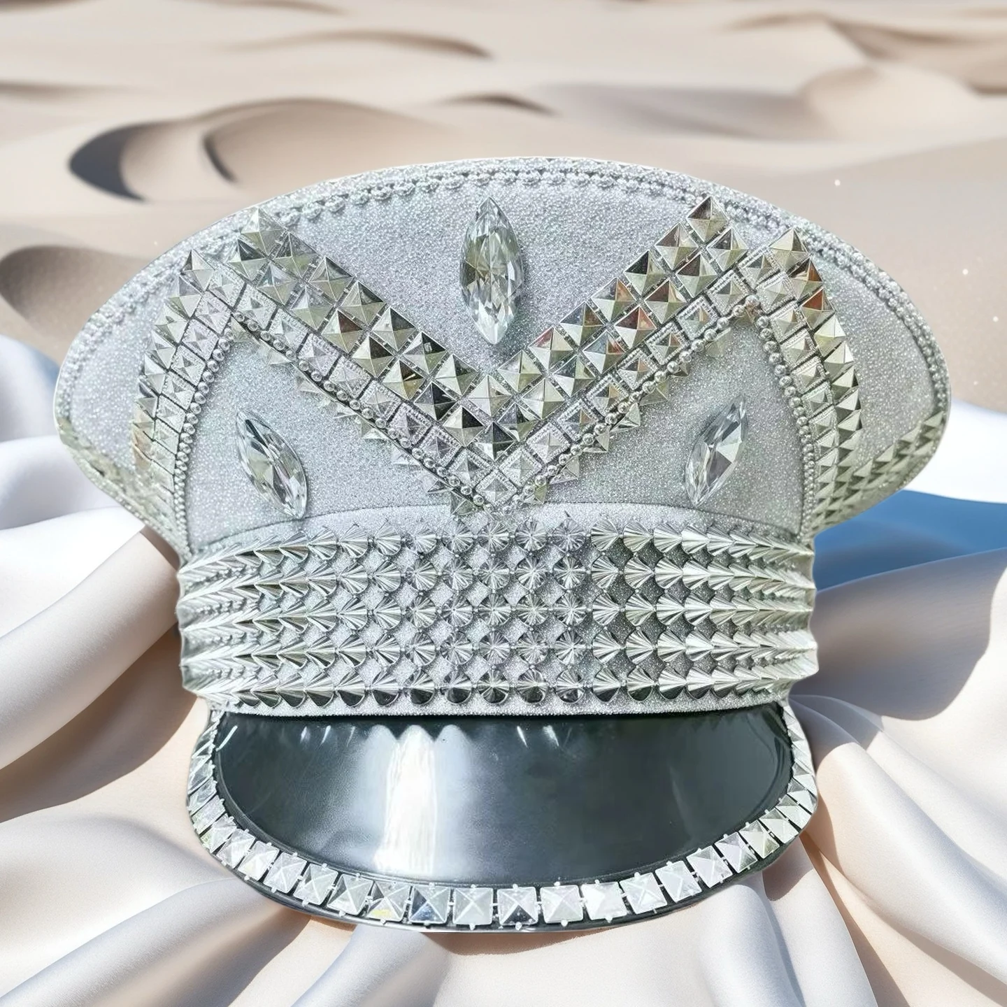 HongLuan Yellow Laser Leather Loop Captain Hat Rhinestone & Military Caps for Woman, Rave Festivals Accessories ＆ Party Cap Man