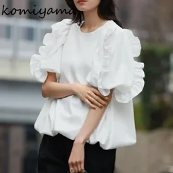 Japan Style Spliced Ruffles Shirts & Blouses Short Sleeve Blusas Round Neck Camisas Loose Casual Ropa Mujer Summer 2024 Tops