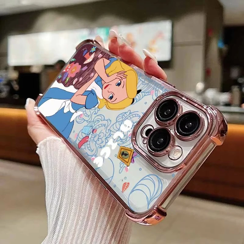 Alice In Wonderland Electroplated Four Corner Phone Case for iPhone 16 E 15 14 13 12 Mini 11 Pro Max XS Max X 7 Plus Hard Cover