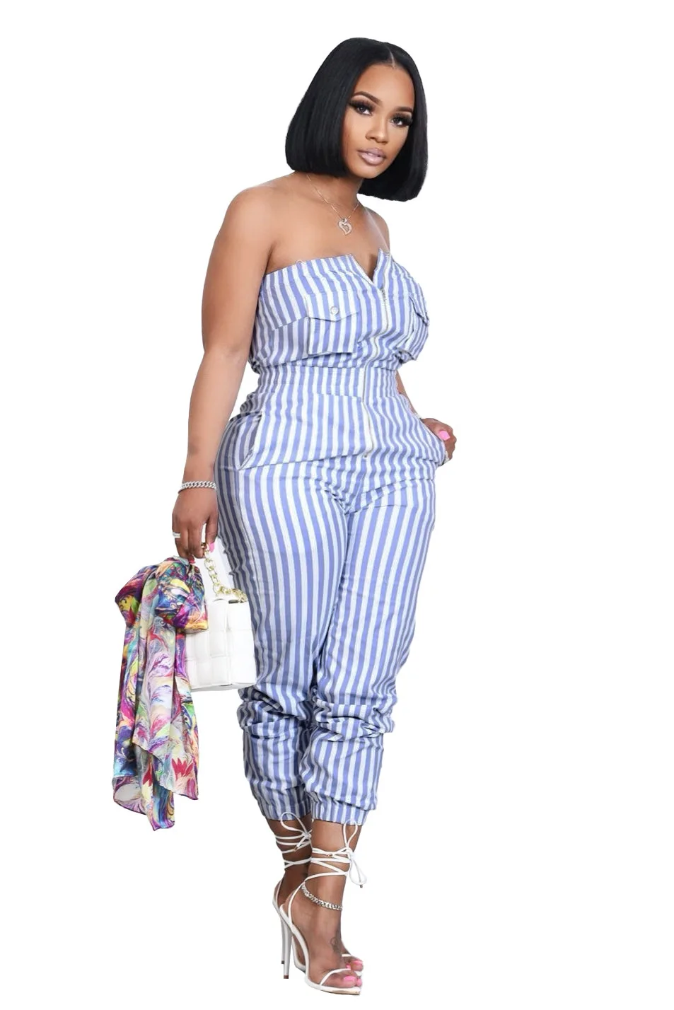 

OL6150 New Foreign Trade Women's Fashion Sexy Skincare Striped High Elegant jumpsuit