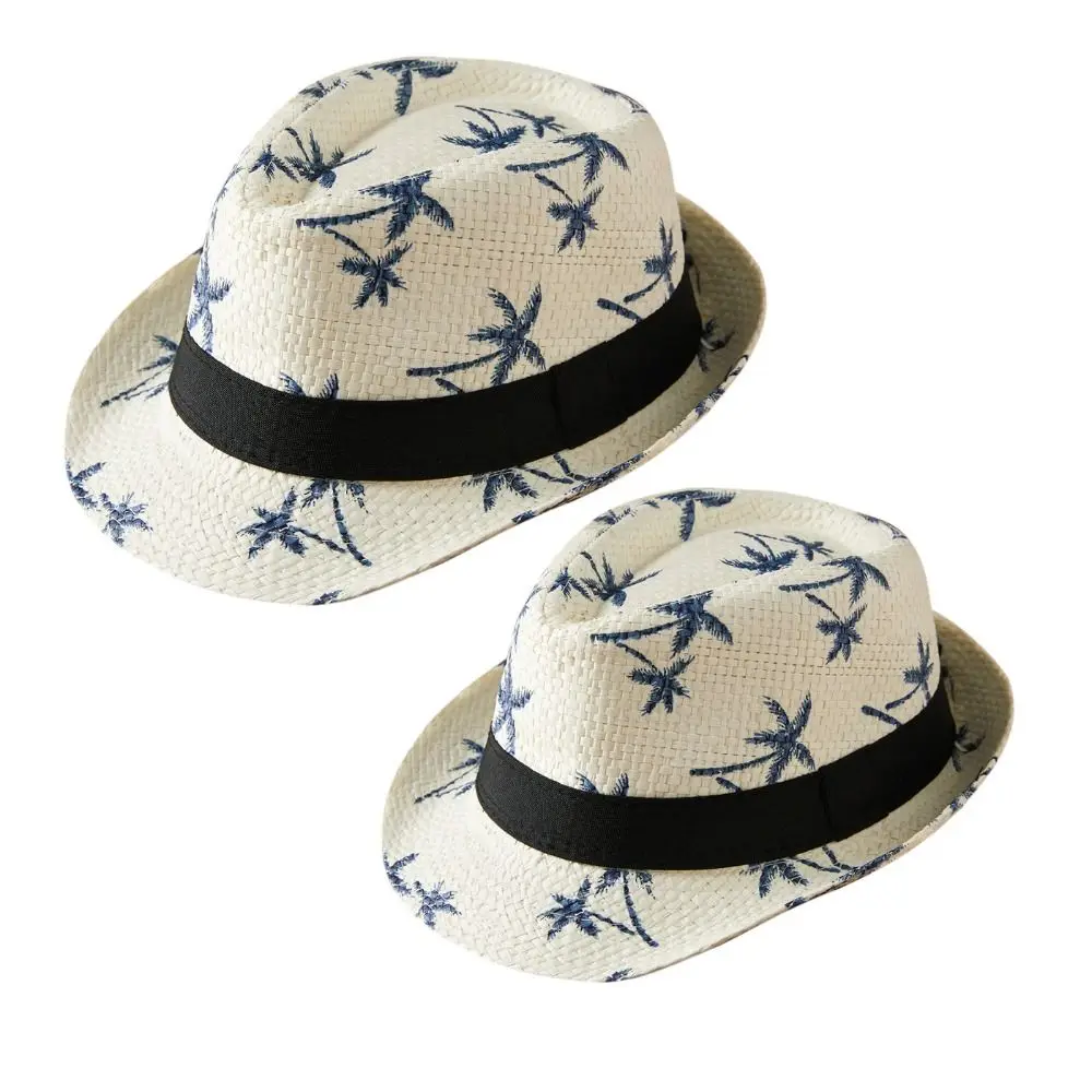 Summer Coconut Trees Pattern Straw Hat UV Protection Breathable Jazz Hat Travel Wide Brim Panama Cap Men Women