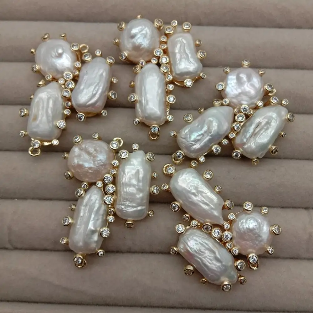 Wholesale 5 PCS Cultured White Biwa Coin Pearl Cz Double Ring Connector For Jewelry Making