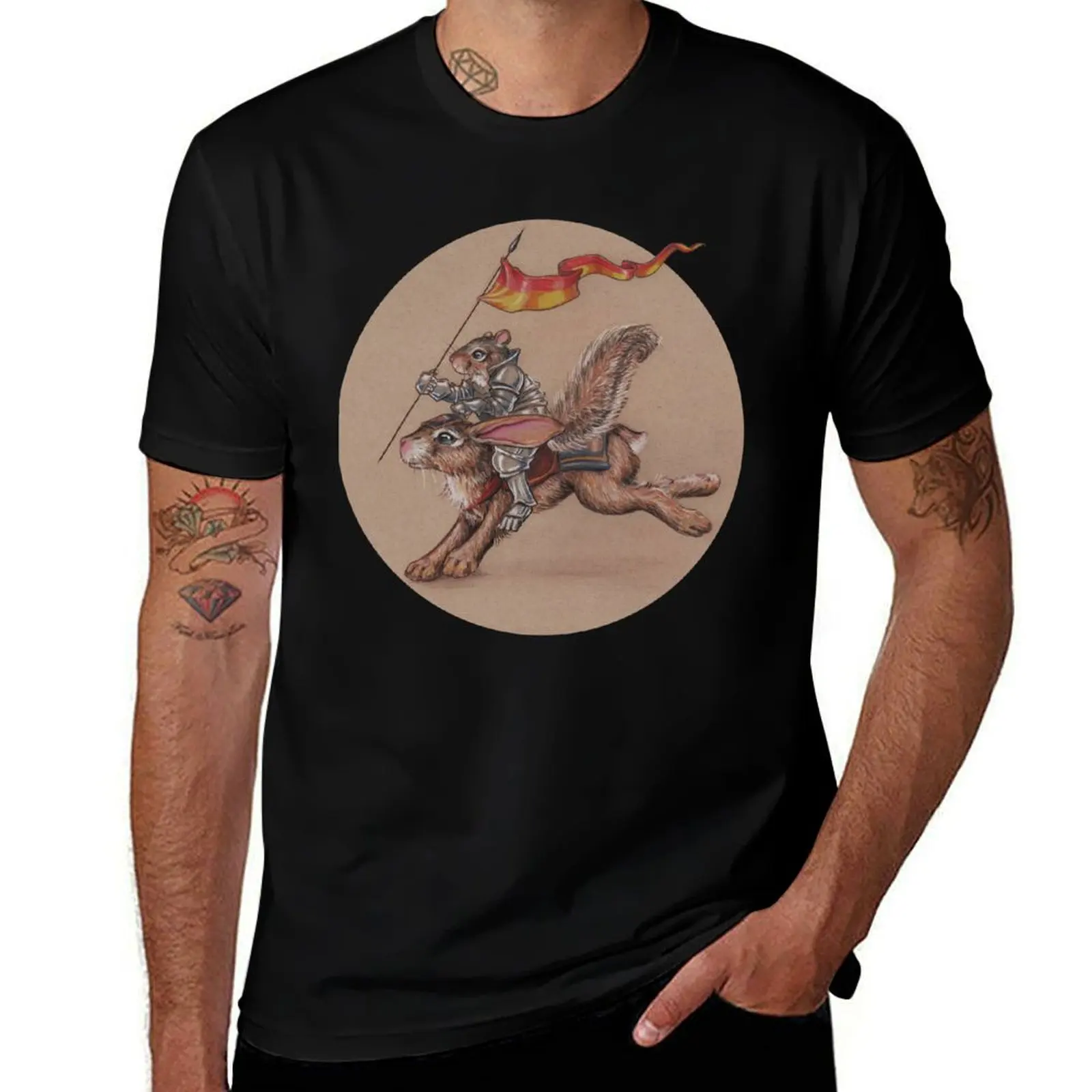 Squirrel in Shining Armor with trusted Bunny Steed T-Shirt Daily Wear Plain Short Sleeve Shirt