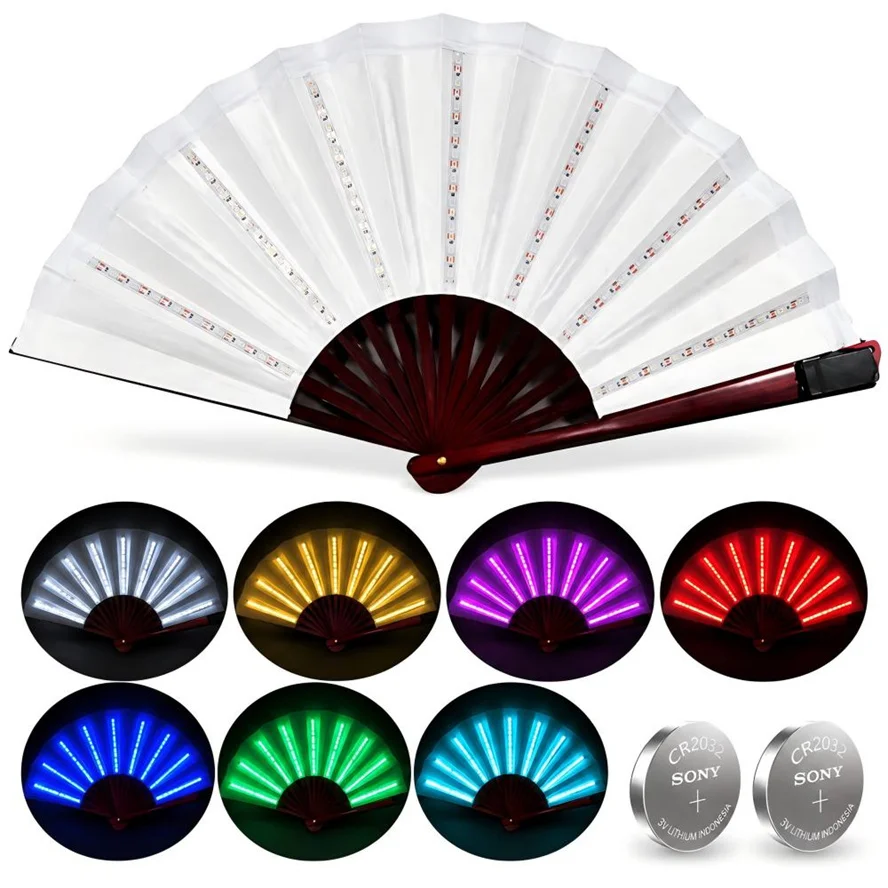 Foldable Hand Fan with Led Light Glowing Fluorescent Discoloration Fan Night Performance Dj Bar Club Room Party with Battery