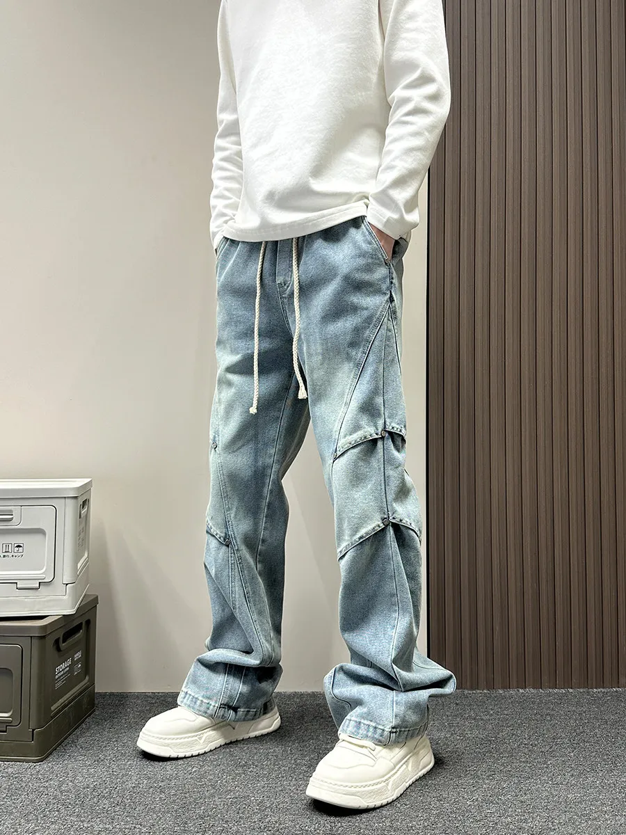 

American Sli Brand Men's Straight Leg Jeans Spring Autumn New Micro Flare Splicing Layering Sense Knife Pants