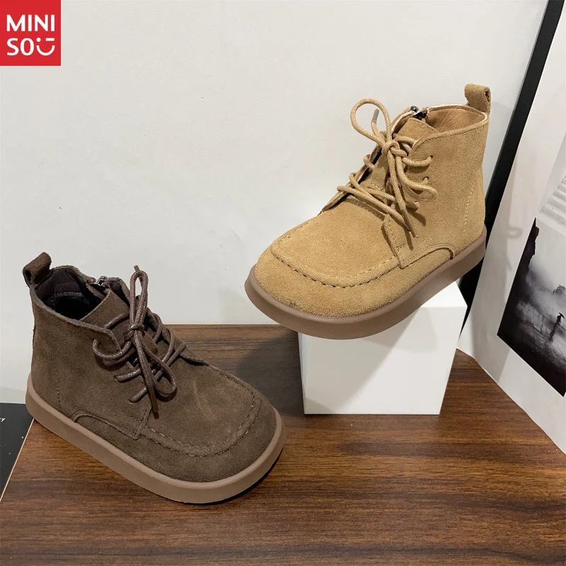 

Miniso 2025 Winter Boys' Suede Boots - Square Toe Furry Lined Ankle Boots for Age 3-8, Warm & Stylish