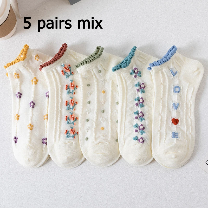 

5/10 pairs of summer women's colorful simple cute low cut shallow mouth breathable outdoor socks