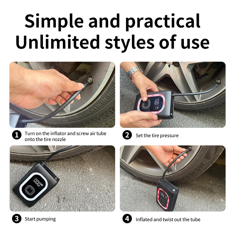 Kaya usia AP06 multi-fungsional, deteksi tekanan ban 150PSI portabel pompa udara listrik Inflator ban mobil