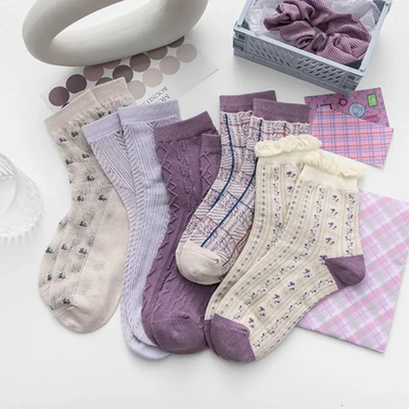 

5 Pairs Women's Socks Set Cotton Violet Series Sweet High Quality Harajuku Kawaii Lolita Girl Cute Pretty Gift Ruffles Socks