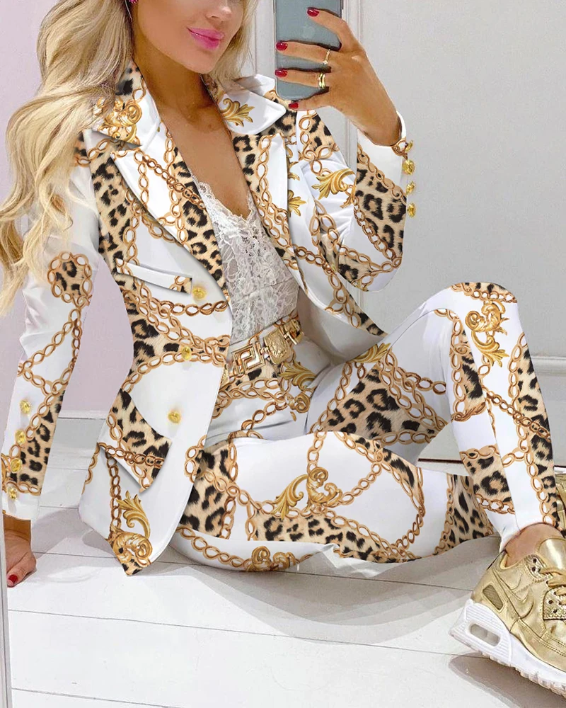 2022 Femme Formal Jacket & Trousers Office Lady Outfits Autumn Women two Pieces set Chain Print Blazer Coat & Pants Suit Sets