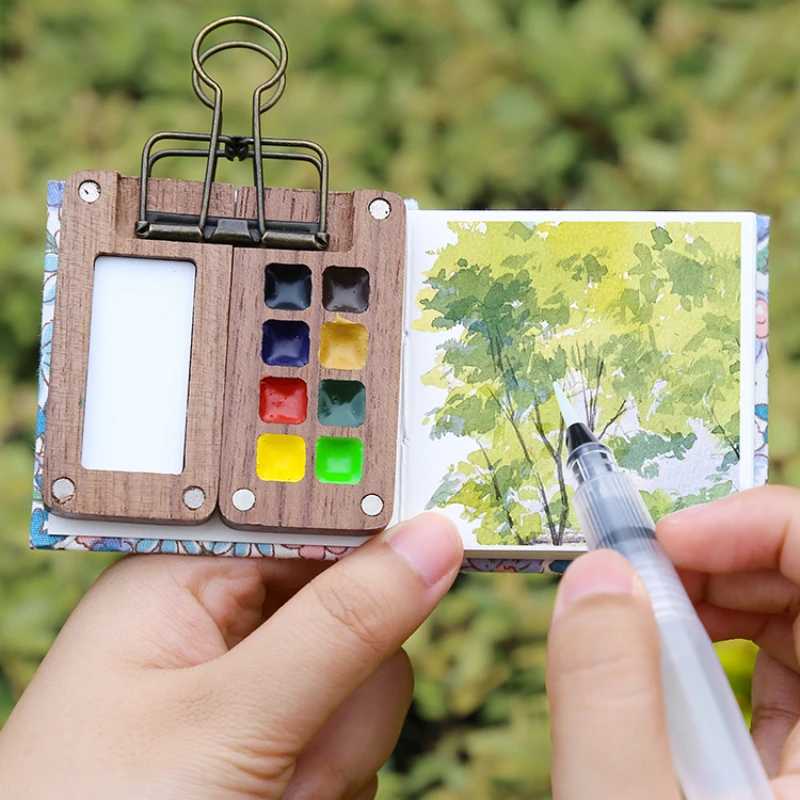 Portable Travel Watercolor Set Germany Watercolor 8 Colors Mini Walnut Paint Box Sketchbook Student Outing Art Supplies