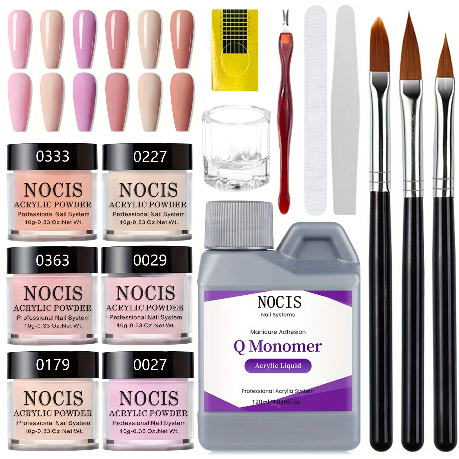 Set per unghie in acrilico: polvere nuda rosa trasparente, soluzione non ingiallimenta, detergente per pennelli e strumenti professionali per nail art per Salo