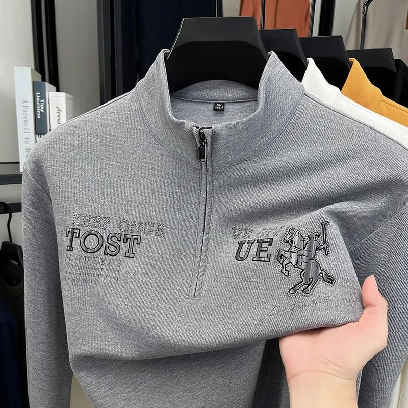 

Original Luxury Man Long Sleeves Hoodie Half-Zip Design Korean-Style Horse Stamp Mock Neck T-Shirt Fashion Casual Men's Clothing