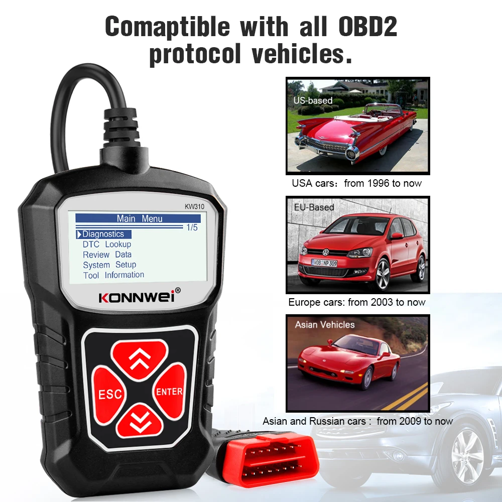 เครื่องสแกน KONNWEI KW310 OBD2 สำหรับรถยนต์ เครื่องมือวินิจฉัยรถยนต์ เครื่องสแกนยานยนต์ รองรับภาษารัสเซีย เทียบเท่า Elm327