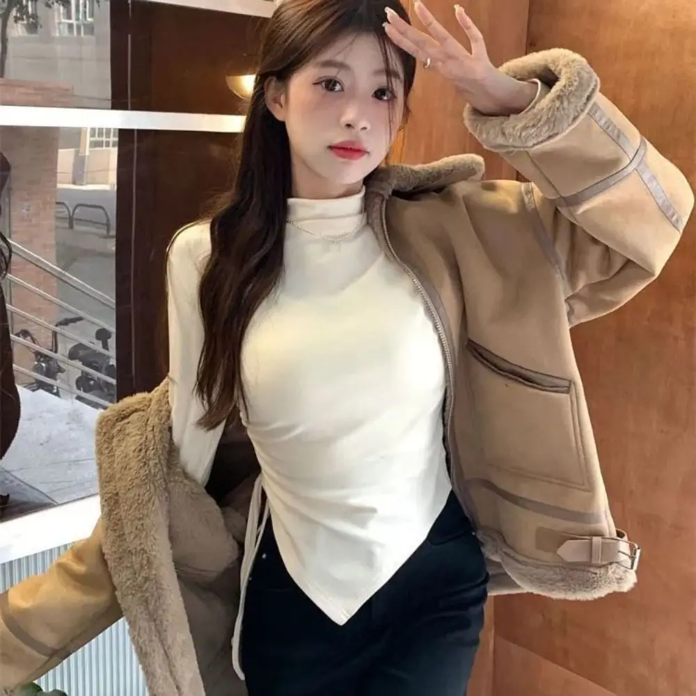 نصف الياقة العالية كم طويل تي شيرت بسيط غير منتظم سليم الرباط البلوز قاع قميص قميص المحاصيل الأعلى المرأة Y2k