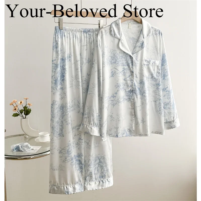 طقم بيجامات حمراء قميص وسراويل مثير للسيدات صيف ربيع جديد ملابس منزلية ناعمة رايون ملابس نوم 2 قطعة بيجامات مطبوعة ملابس نوم