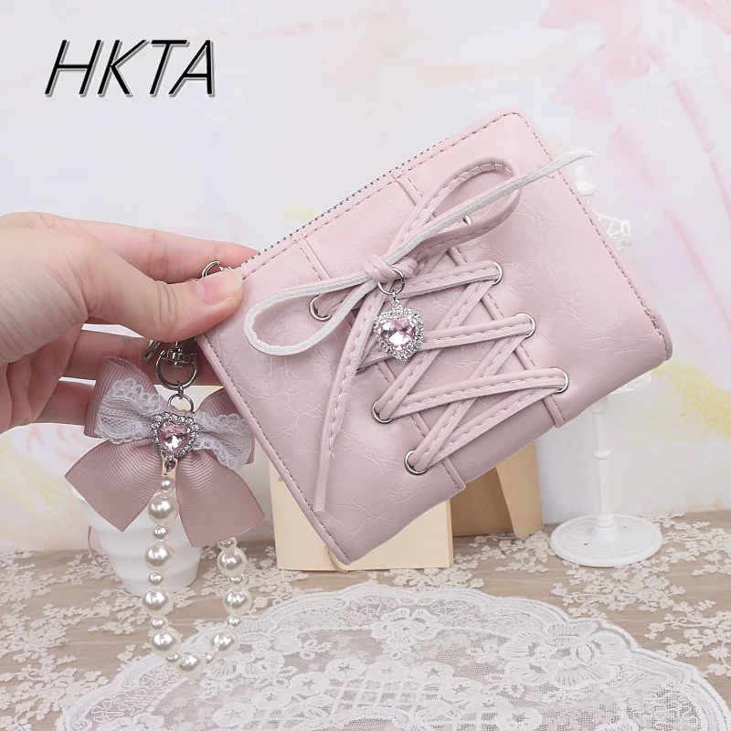 Portfel Japoński Słodkie Dziewczyny Lolita Ręcznie Robiony Uroczy Pasek z Kokardką Koraliki Cyrkonie Zawieszka Miłość Mały Portfel Etui na Karty Studenckie Portfel