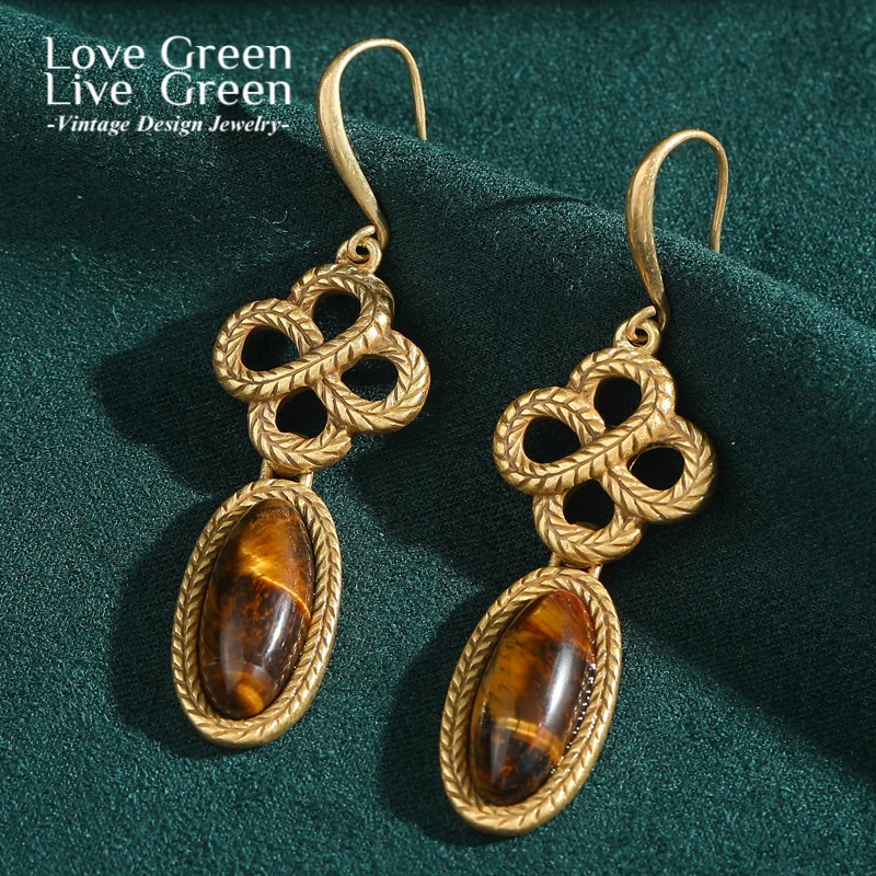 

Vintage Tiger Eye Stone Drop Earrings For Woman Knot Big Antique Gold Color Hollow Luxury Quality Designer Gifts 2025 Trendy
