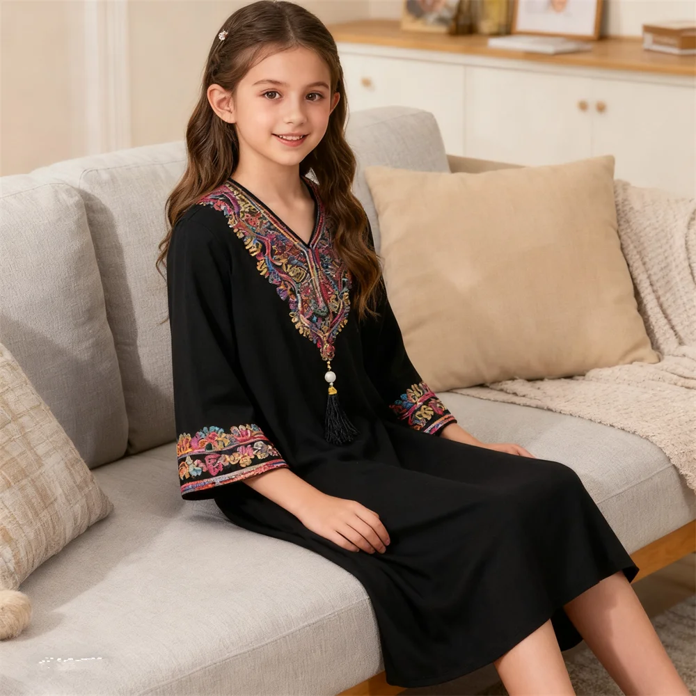 

Платье макси для девочек на Ближнем Востоке с бусинами и кисточками Джалабия Дубай Абая Детский турецкий кафтан Халат в Саудовской Аравии Исламская одежда Марокко Платье