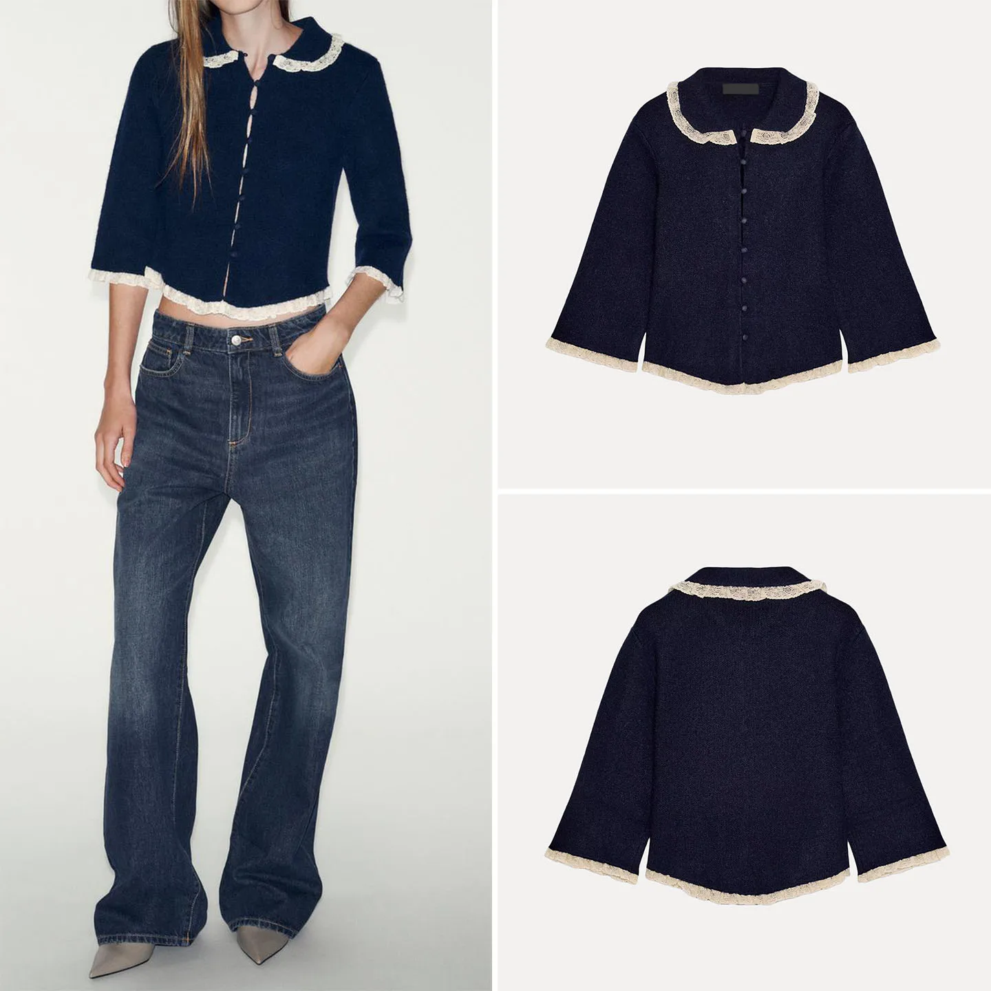 

Faionable Knitted Coat with Lace Decoration Spring Autumn New Arrival ort Sle Seven Sve Button Closure European Sle