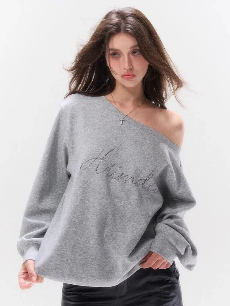 Y2k Off Shoulder Sweatshirts Women Letter Diamonds Gray Pullover Streetwear Loose Long Sleeve Lady Vintage American Tops