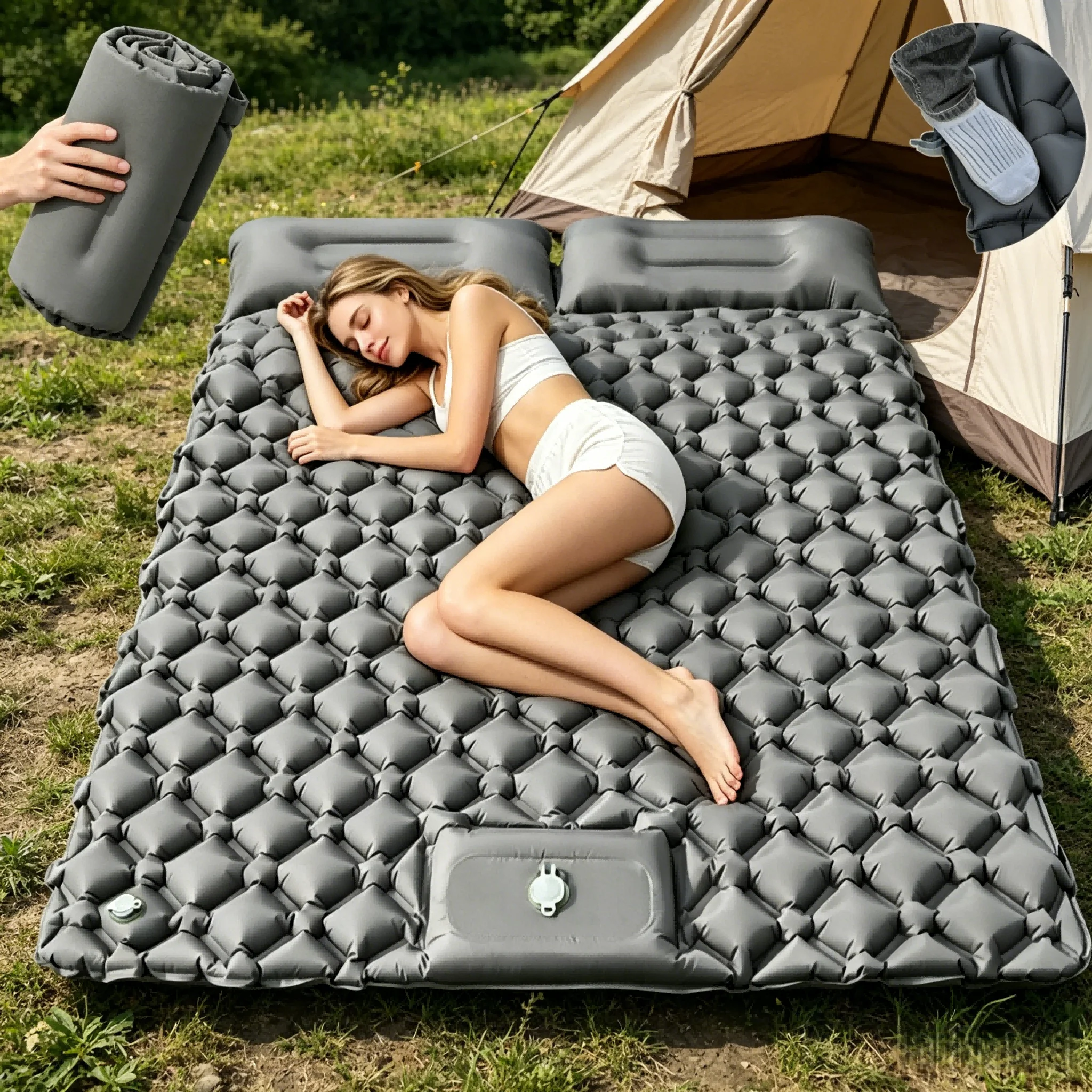 Double Person Camping Sleeping Pad 4 Inch Ultra Thick with Built In Foot Pump And Pillow Lightweight 2 Person Camping Air Mat