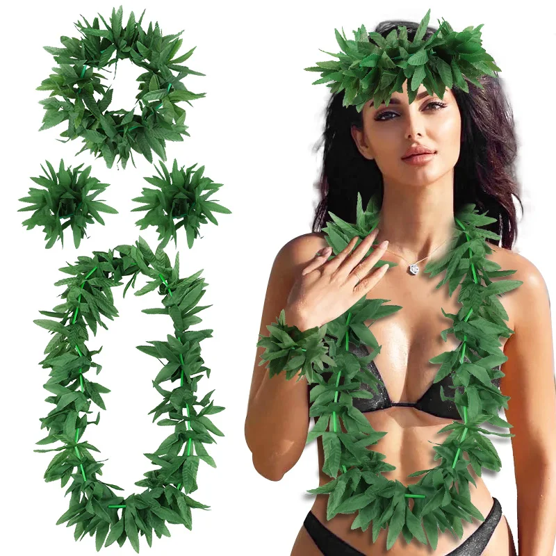 1/4Pcs Hawaiian Artificial Leaf Wreath Green Leaves Headband Bracelets Necklace Summer Beach Birthday Wedding Party Decorations - view 4