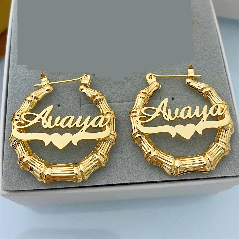 

Custom Name Bamboo Earrings Personalized Jewelry Gift Gold Color Nameplate Hoop Earrings for Women Pendientes Acero Inoxidable