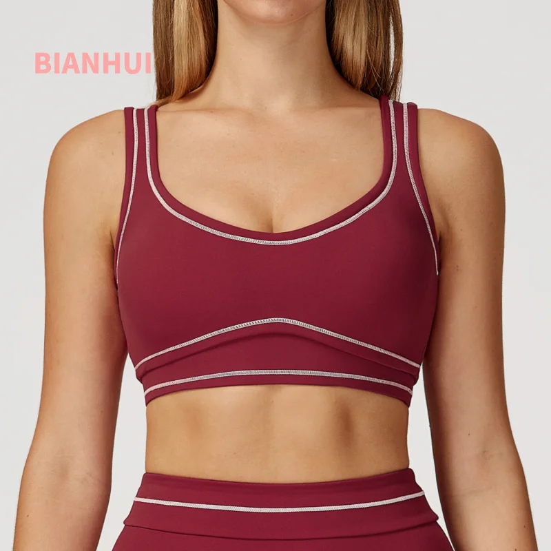 BIANHUI-Sujetador de Yoga cepillado con bloques de Color, almohadilla para el pecho, sensación desnuda, tipo U, Sujetador deportivo de belleza en la espalda, ropa deportiva para correr y Fitness, ropa de Yoga