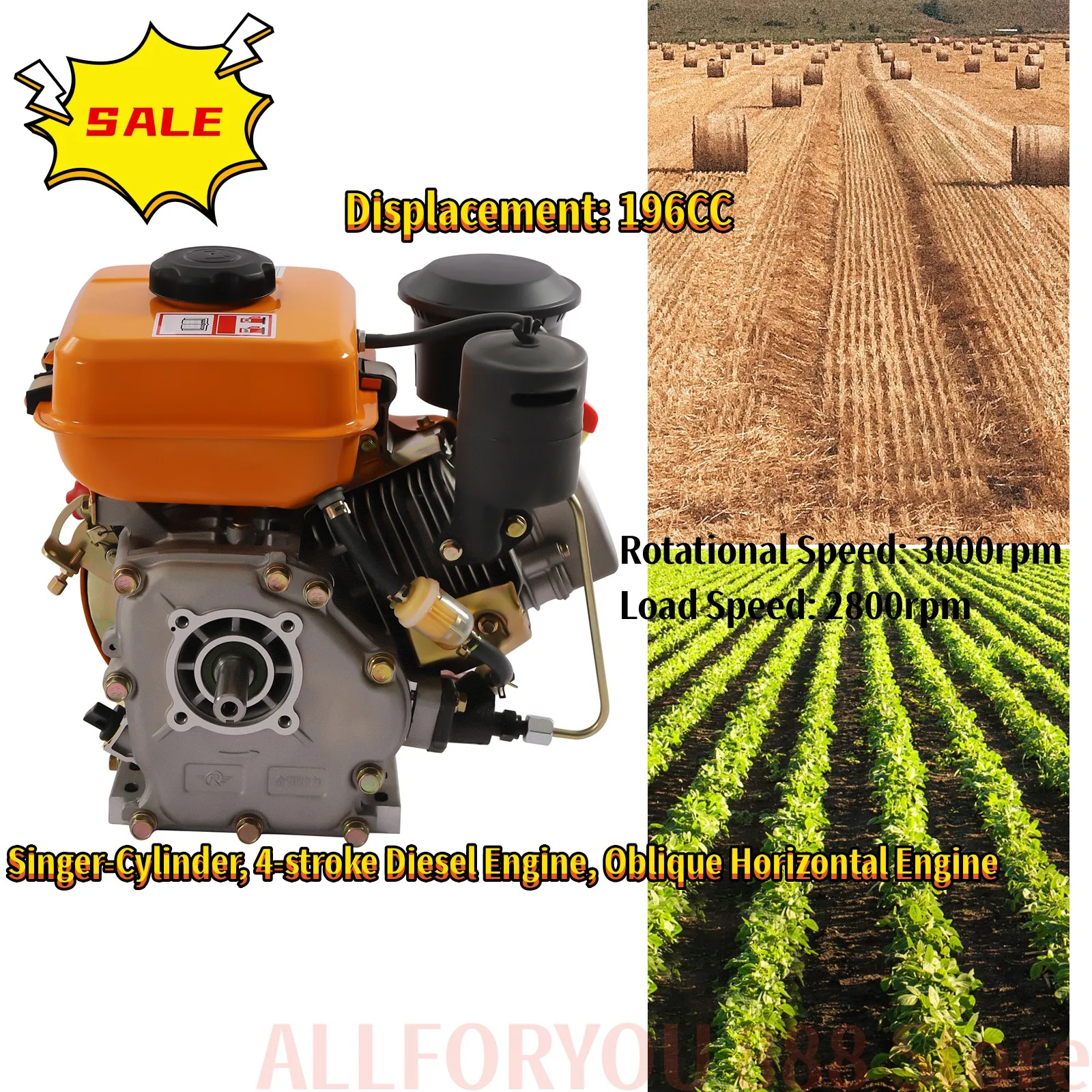 

4-Stroke 196cc Engine Single Cylinder Air Cooling Oblique horizontal Engine Motor Hand Start For Small Agricultural Machinery