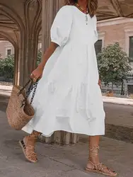 Summer Dress Vintage Lantern Sleeve Mid-Calf Dress Beach Bohemian Women Summer Sundress 2023 VONDA Casual Vestido Oversized Robe